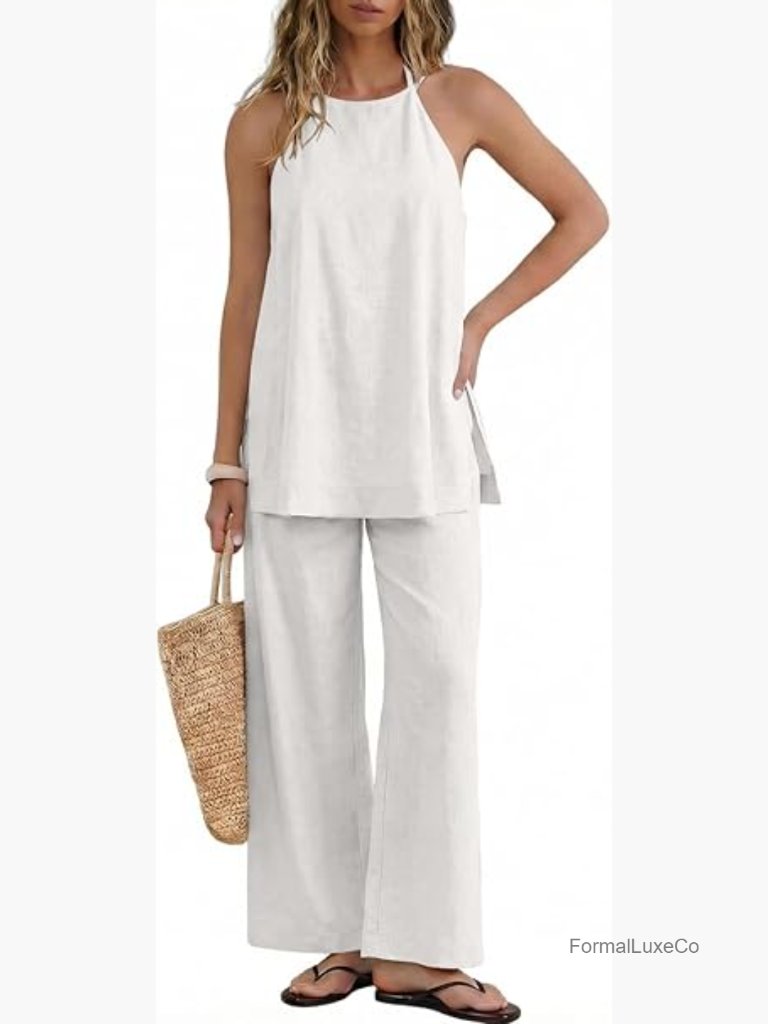 Linen Blend Halter Top & Wide Leg Pants Set Sleeveless Side Split